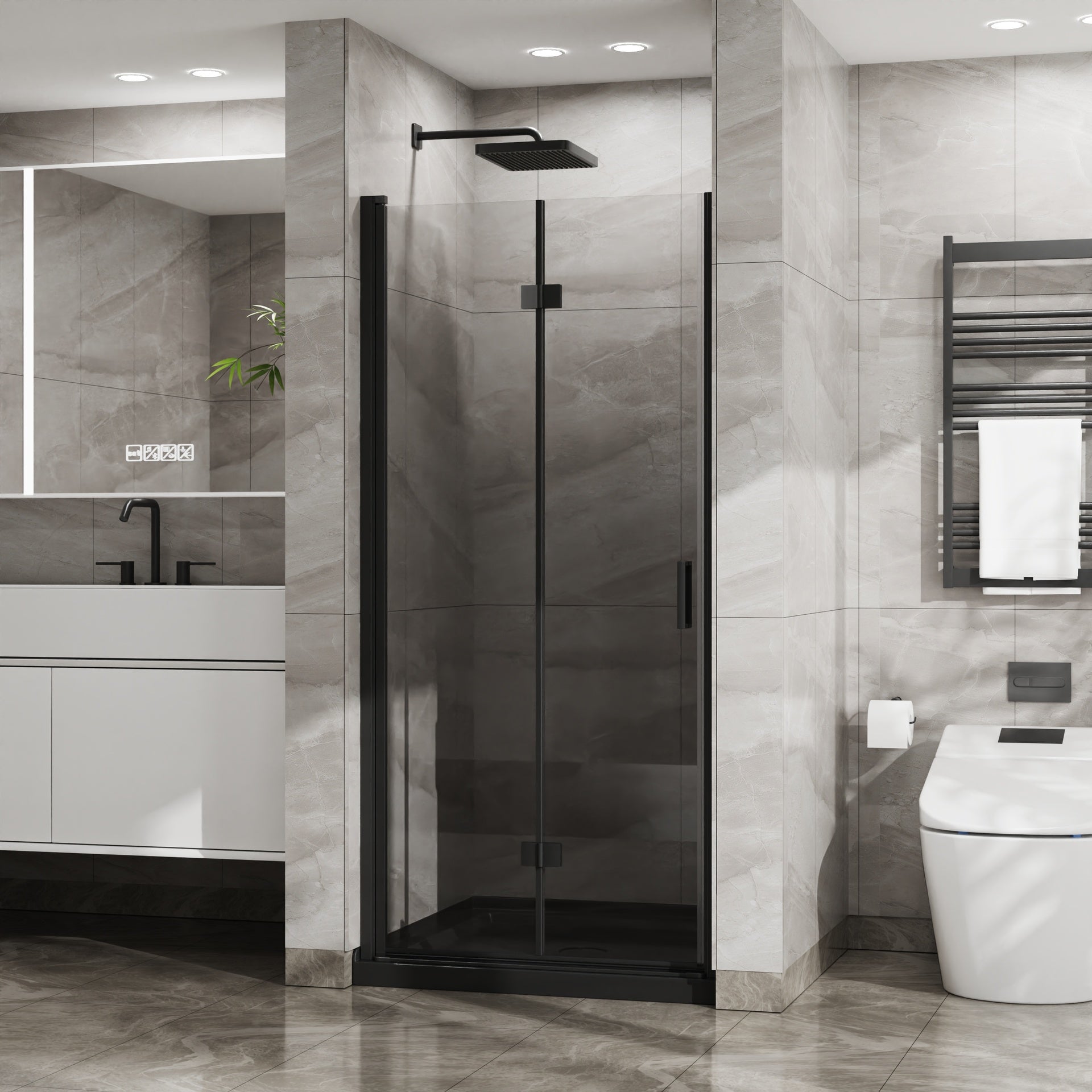 Goodyo 34"x 72" Bifold Frameless Glass Shower Door 1/4 inch Tempered Clear Glass Pivot Swing Shower Panel in Black Finish, Foldable
