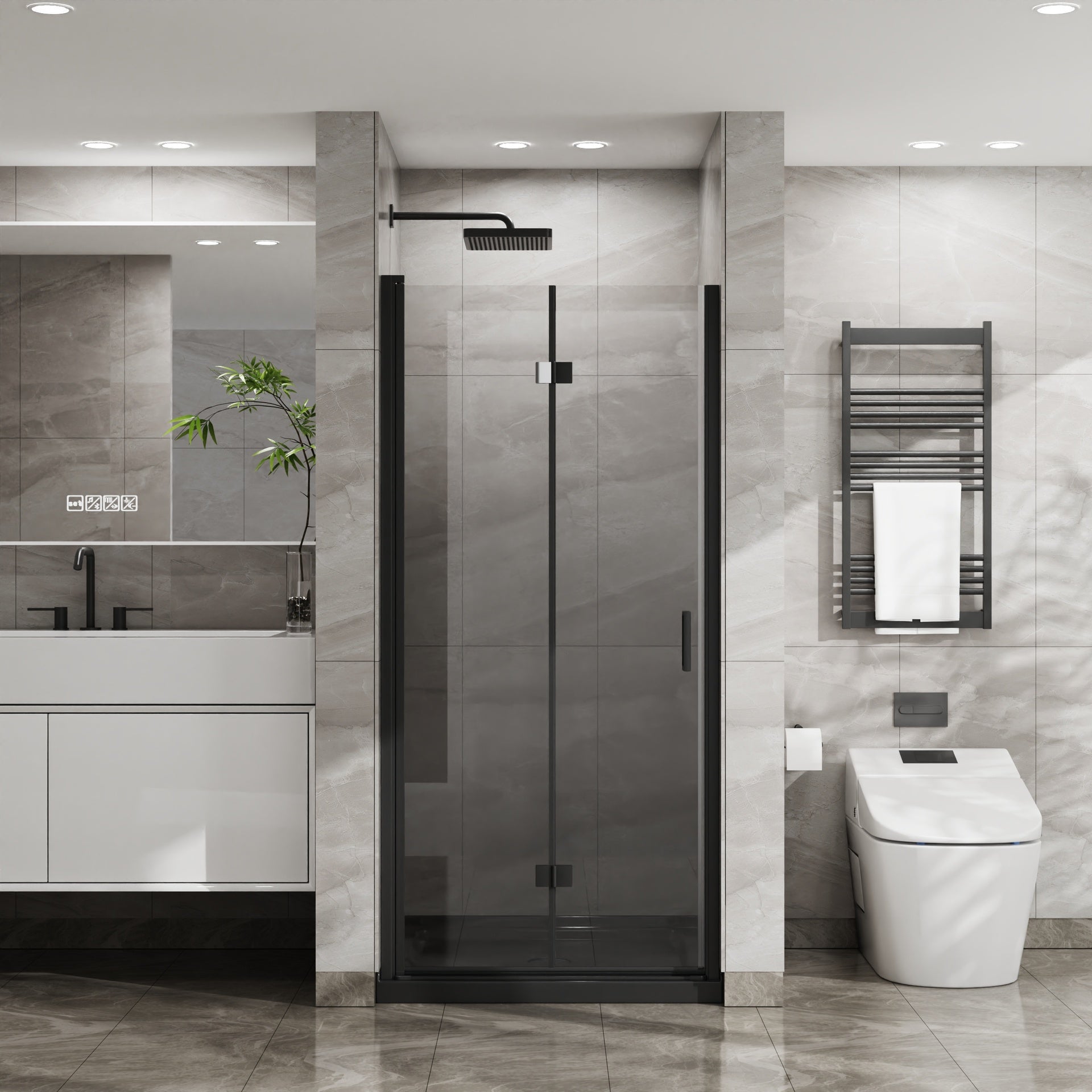 Goodyo 34"x 72" Bifold Frameless Glass Shower Door 1/4 inch Tempered Clear Glass Pivot Swing Shower Panel in Black Finish, Foldable