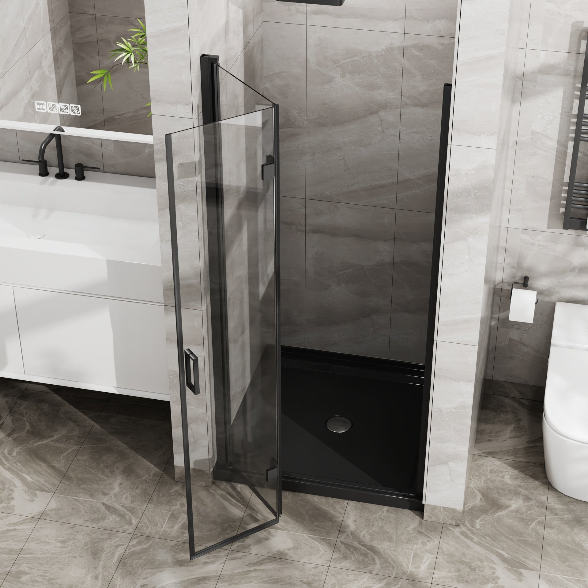 Goodyo 34"x 72" Bifold Frameless Glass Shower Door 1/4 inch Tempered Clear Glass Pivot Swing Shower Panel in Black Finish, Foldable