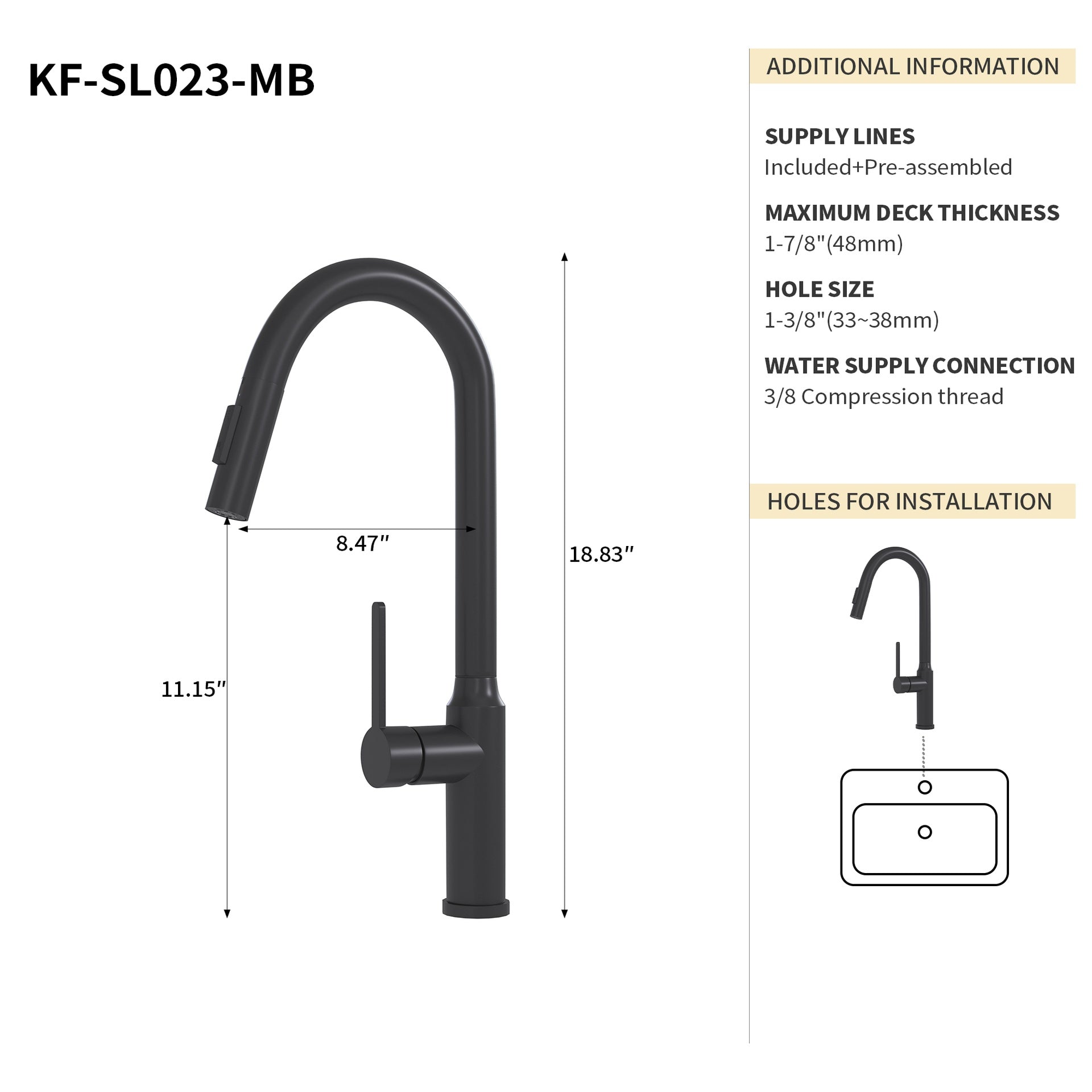 Bothwa Home 18.83" CUPC Certified Pull-down Kitchen Faucet (Matt Black Finish)