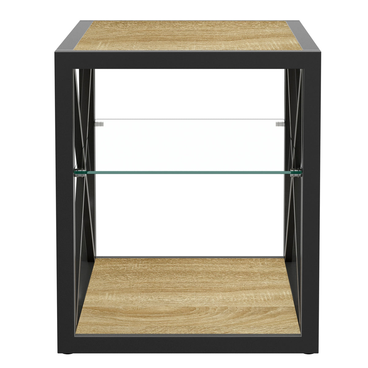 1 piece Modern End Table Nightstand for Bedroom & Living Room, Tempered Glass&Natural Wood MDF Top , Industrial Style Side Table