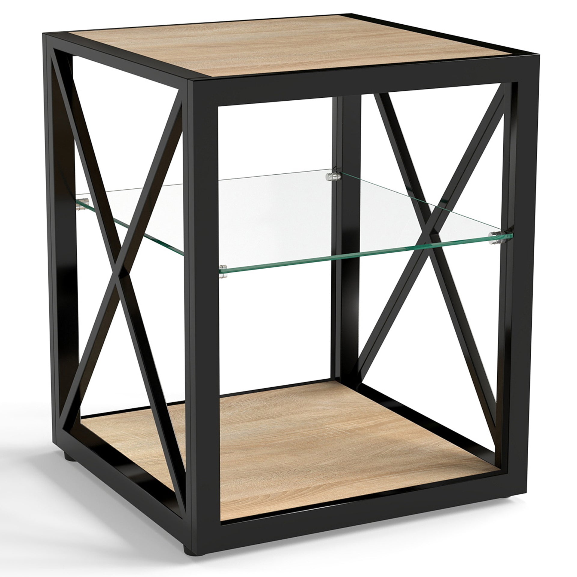 1 piece Modern End Table Nightstand for Bedroom & Living Room, Tempered Glass&Natural Wood MDF Top , Industrial Style Side Table