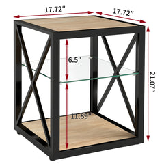 1 piece Modern End Table Nightstand for Bedroom & Living Room, Tempered Glass&Natural Wood MDF Top , Industrial Style Side Table