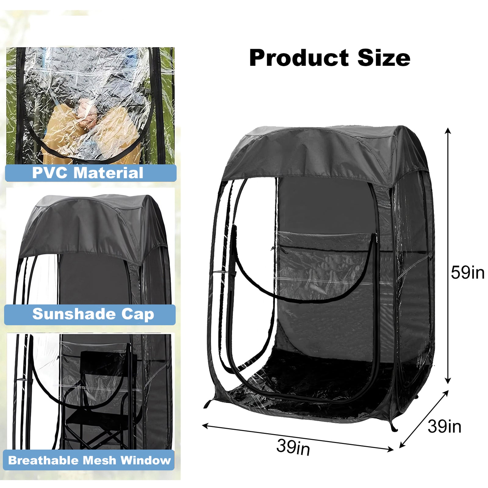 Portable Pop Up Sports Tent, Ideal Shelter for Outdoor Sports Events, Fishing and Camping, Protection from Cold Wind and Rain, Black