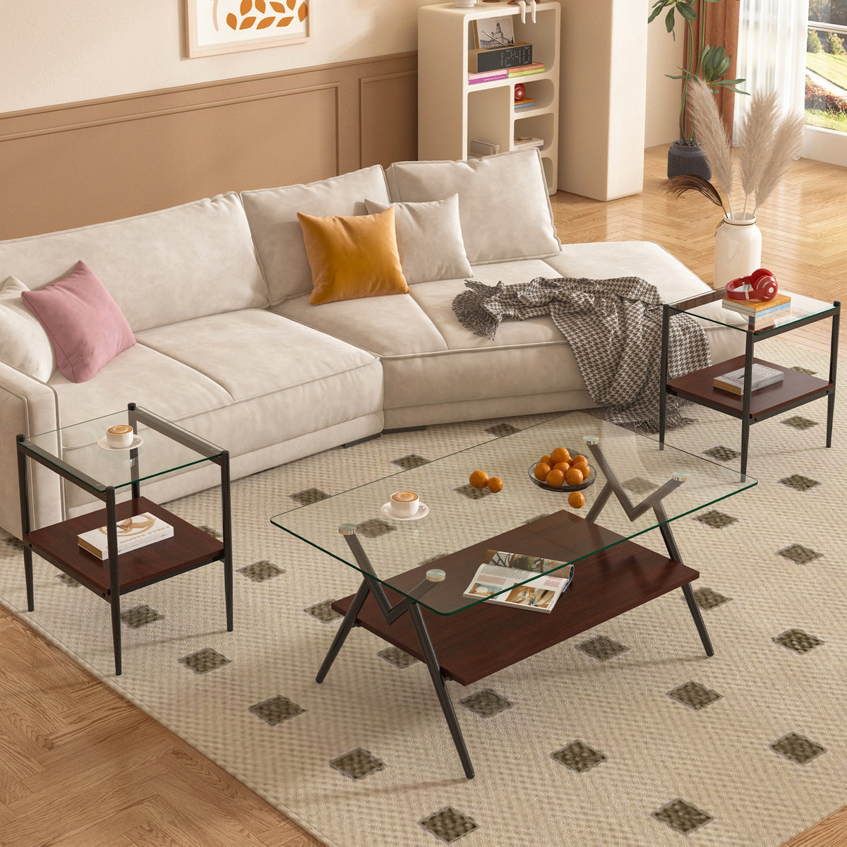 Coffee Table and End tables Set of 3, Tempered Glass Table with MDF layer, Modern Tables for Living Room , Transparent Glass