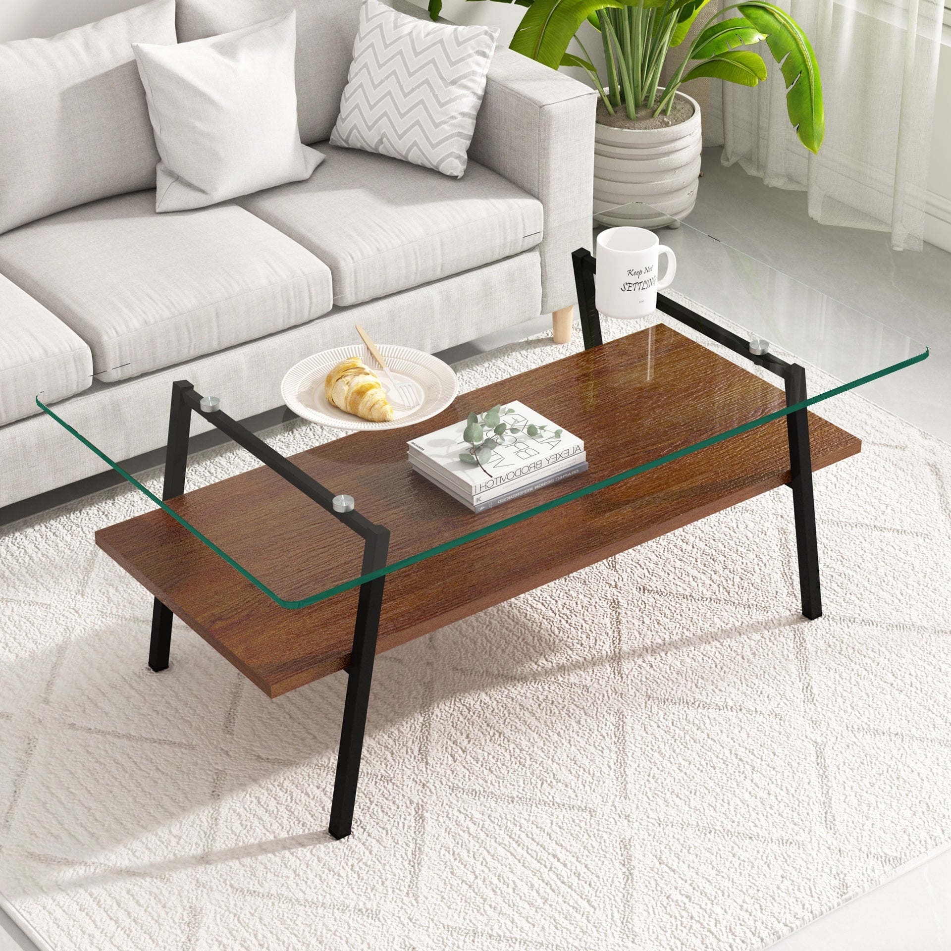 Coffee Table and End tables Set of 3, Tempered Glass Table with MDF layer, Modern Tables for Living Room , Transparent Glass