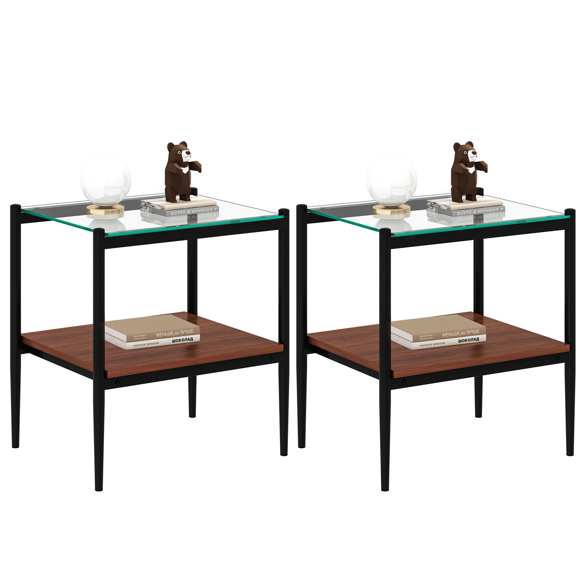 Set of 2 Rectangle End Table, Tempered Glass Tabletop with MDF layer, Modern Table for Living Room , Transparent Glass