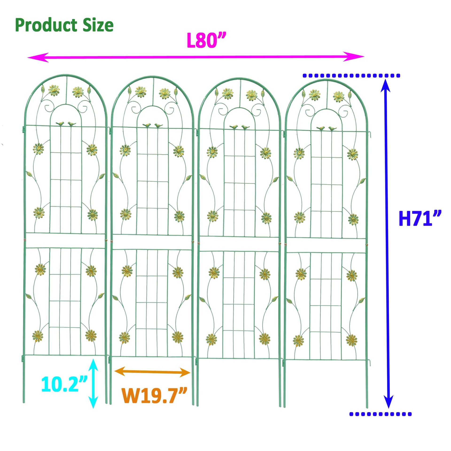 4 Pack Metal Garden Trellis 71" x 19.7" Rustproof Trellis for Climbing Plants Outdoor Flower Support Green