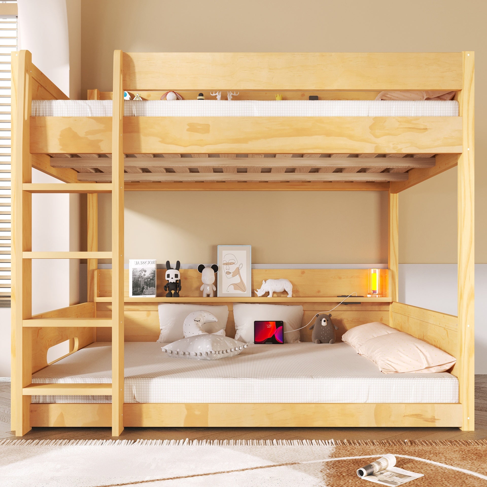 Queen over Queen Bunk Bed with Storage Shelves and USB Ports, Wood Color
