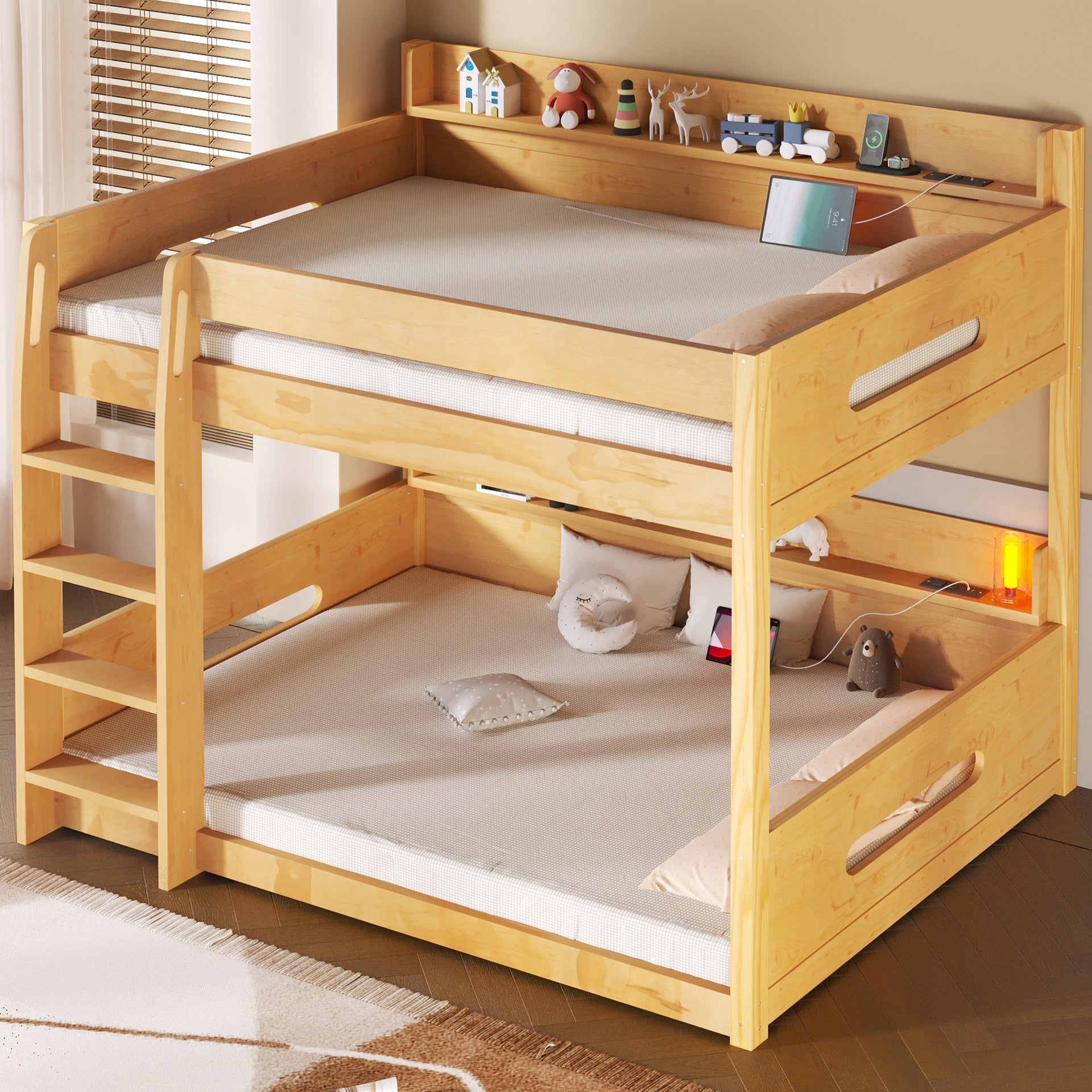Queen over Queen Bunk Bed with Storage Shelves and USB Ports, Wood Color