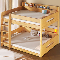 Queen over Queen Bunk Bed with Storage Shelves and USB Ports, Wood Color