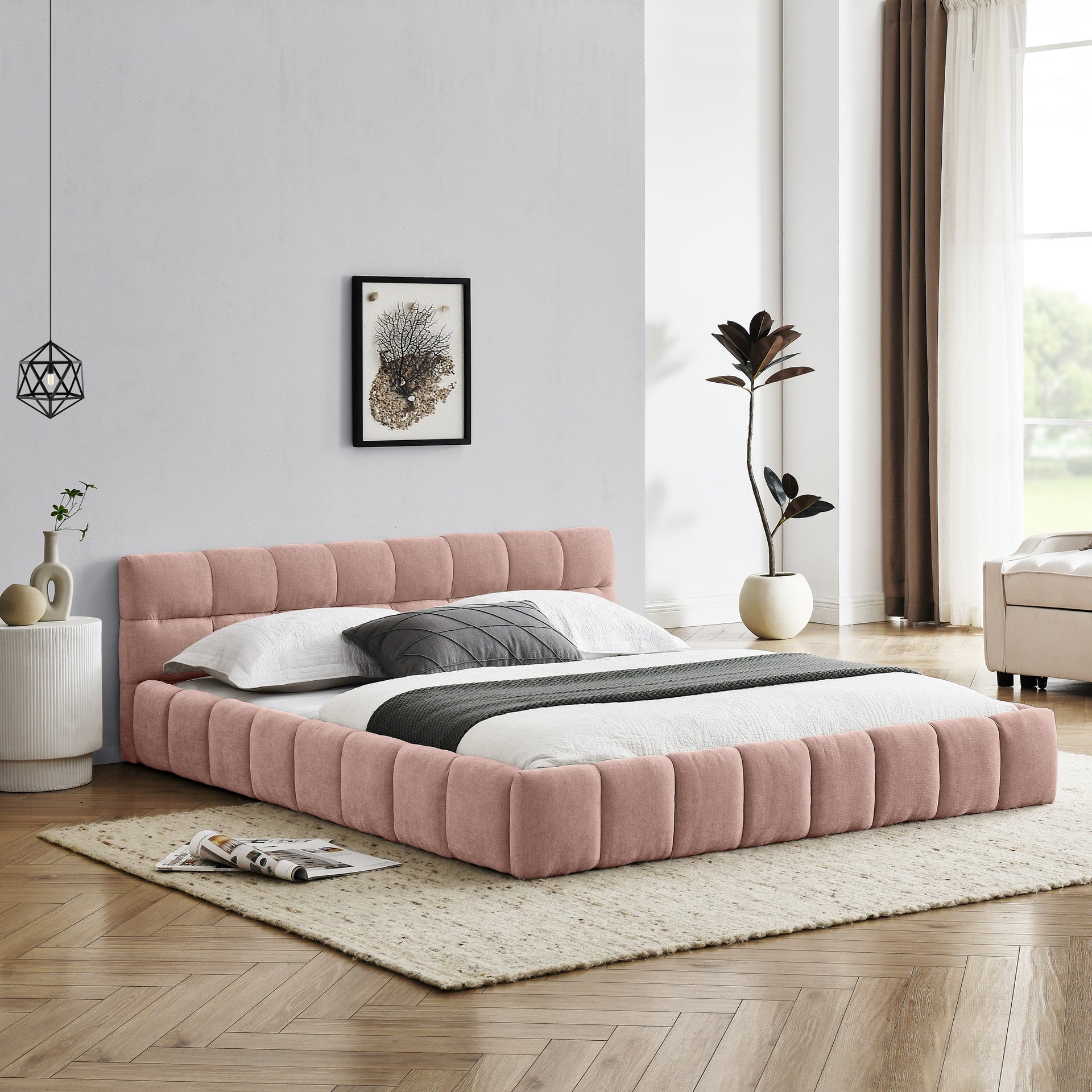 Queen Size Upholstered Bed Frame with Thick Fabric, Chenille Fabric Grounded Queen Size Platform Bed with Headboard and Solid Frame. No Box Spring Needed, PINK(68''*86.5''*23.5'')