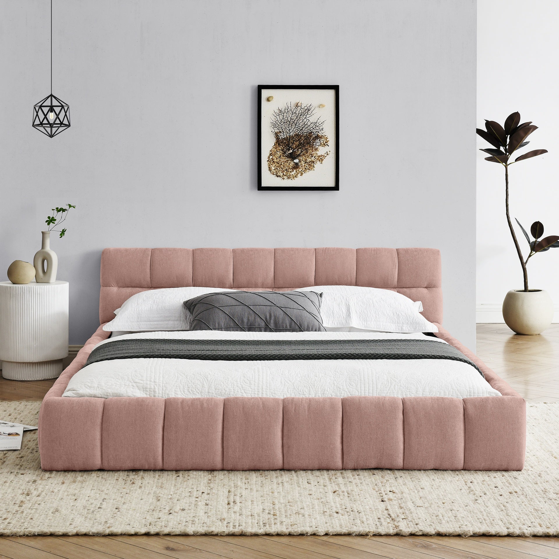 Queen Size Upholstered Bed Frame with Thick Fabric, Chenille Fabric Grounded Queen Size Platform Bed with Headboard and Solid Frame. No Box Spring Needed, PINK(68''*86.5''*23.5'')