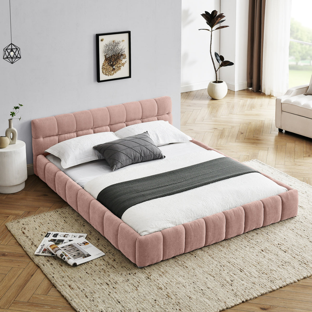 Queen Size Upholstered Bed Frame with Thick Fabric, Chenille Fabric Grounded Queen Size Platform Bed with Headboard and Solid Frame. No Box Spring Needed, PINK(68''*86.5''*23.5'')
