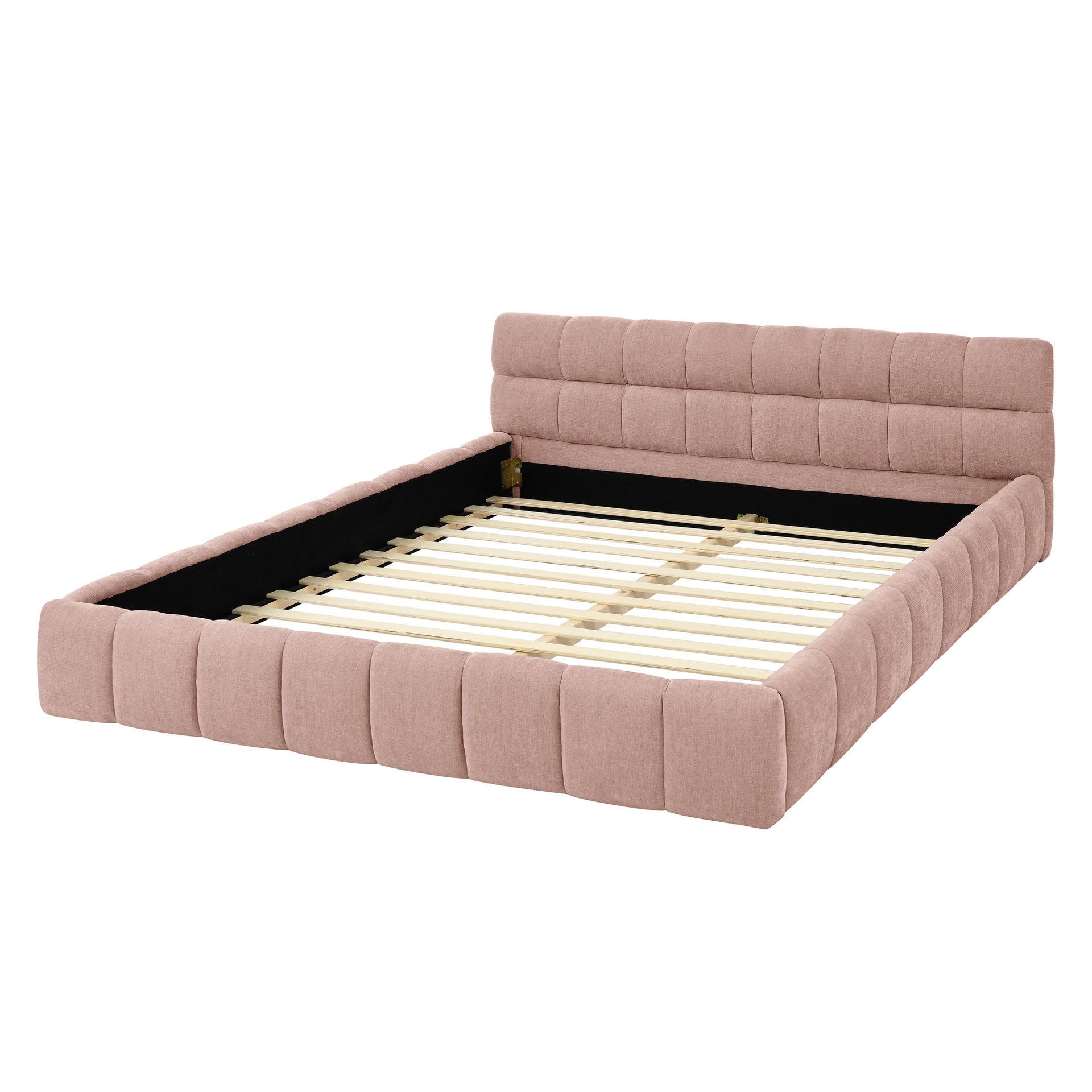 Queen Size Upholstered Bed Frame with Thick Fabric, Chenille Fabric Grounded Queen Size Platform Bed with Headboard and Solid Frame. No Box Spring Needed, PINK(68''*86.5''*23.5'')