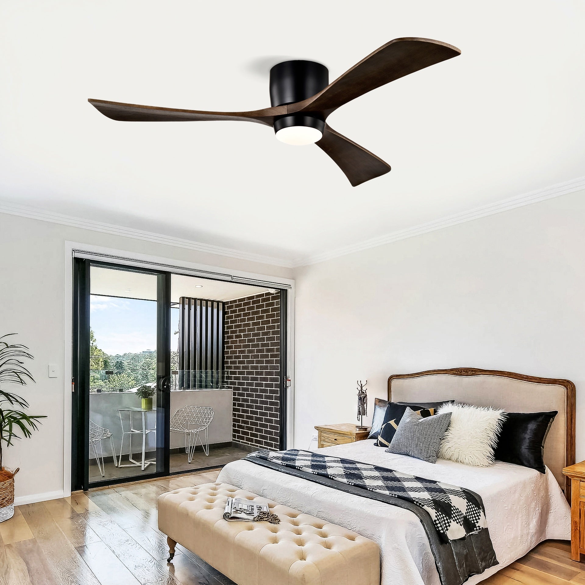 52" Flush Mount Solid Wood Blades Ceiling Fan with Lights Remote Control,Quiet DC Motor, 6 Speed ,Reversible Ceiling Fan for Patio Living Room, Bedroom, Office,Indoor.(Matte Black)