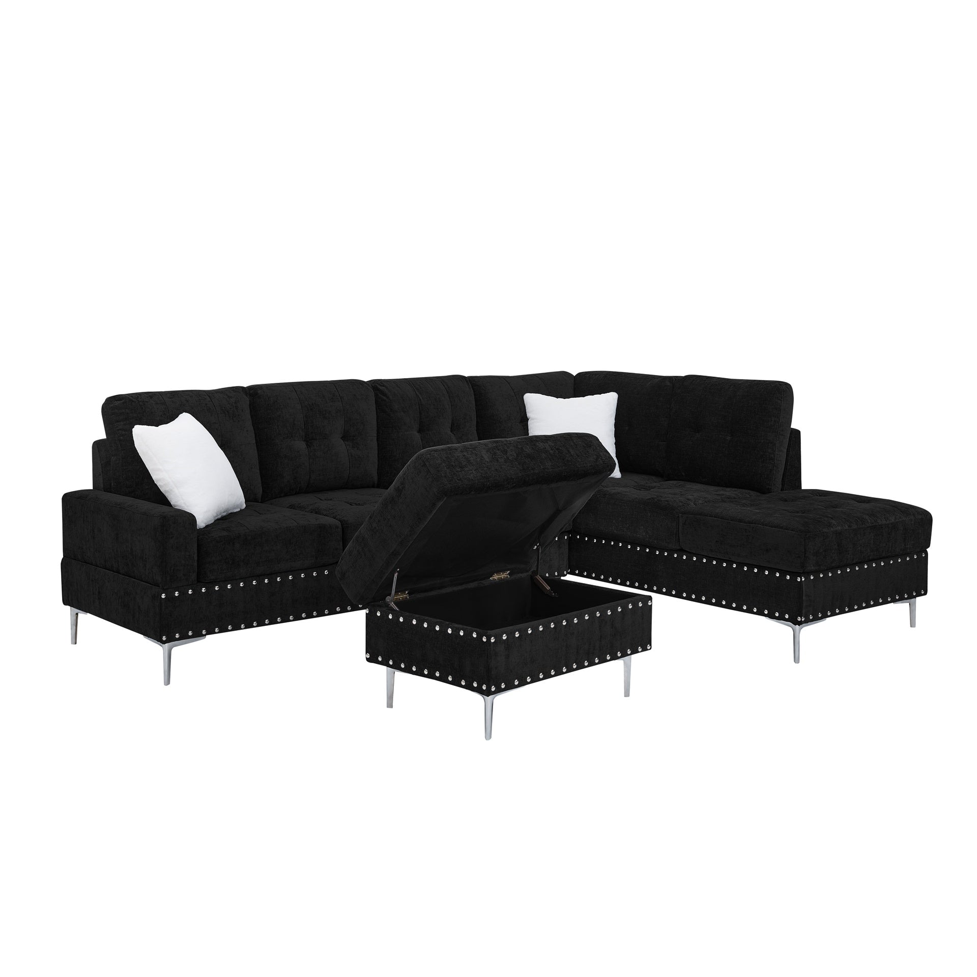 Sectional 3-Seaters Sofa with Chaise, Storage Ottoman, Metal Legs and Copper Nails,Two White Pillows ,Black(102" x 76" x35")
