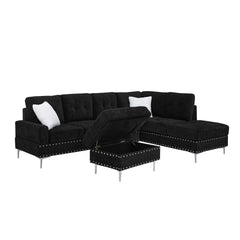 Sectional 3-Seaters Sofa with Chaise, Storage Ottoman, Metal Legs and Copper Nails,Two White Pillows ,Black(102" x 76" x35")