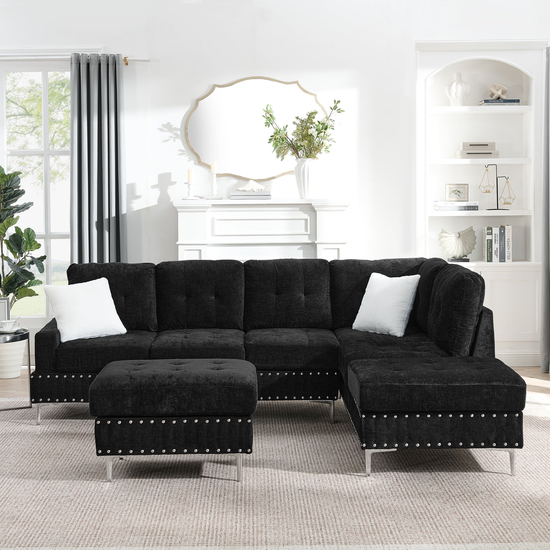 Sectional 3-Seaters Sofa with Chaise, Storage Ottoman, Metal Legs and Copper Nails,Two White Pillows ,Black(102" x 76" x35")