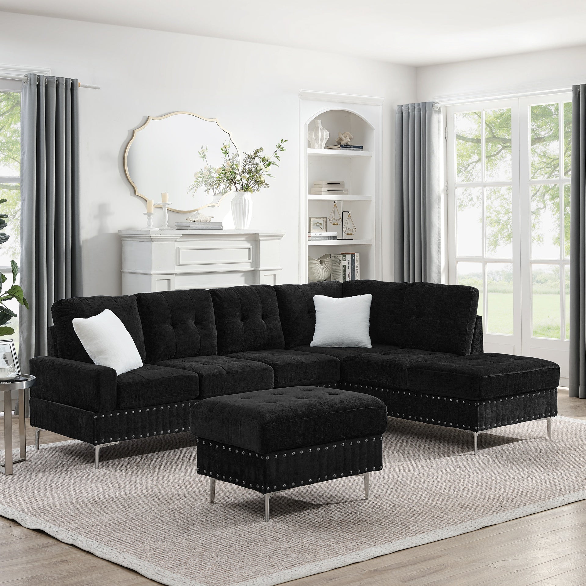 Sectional 3-Seaters Sofa with Chaise, Storage Ottoman, Metal Legs and Copper Nails,Two White Pillows ,Black(102" x 76" x35")