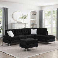 Sectional 3-Seaters Sofa with Chaise, Storage Ottoman, Metal Legs and Copper Nails,Two White Pillows ,Black(102" x 76" x35")