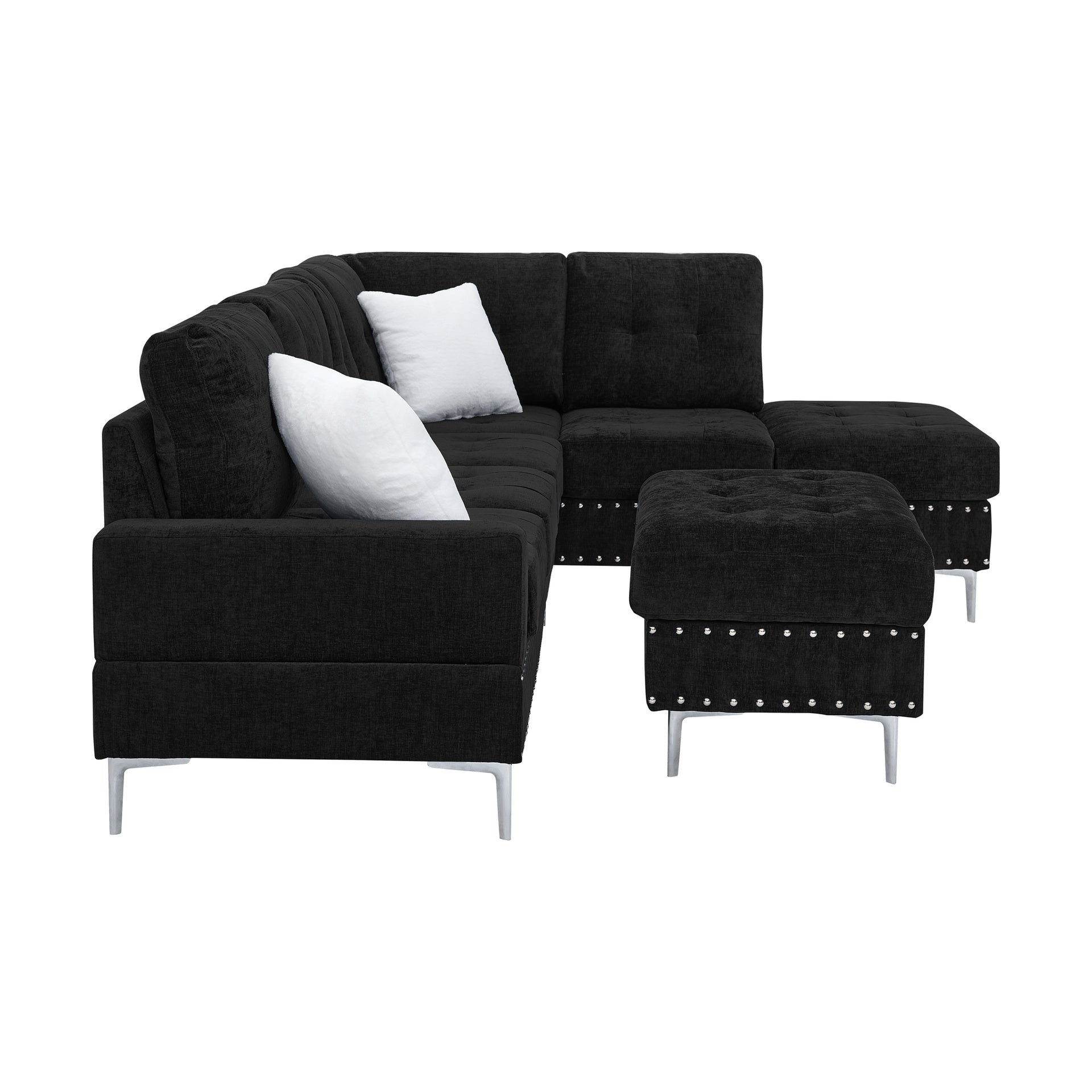 Sectional 3-Seaters Sofa with Chaise, Storage Ottoman, Metal Legs and Copper Nails,Two White Pillows ,Black(102" x 76" x35")
