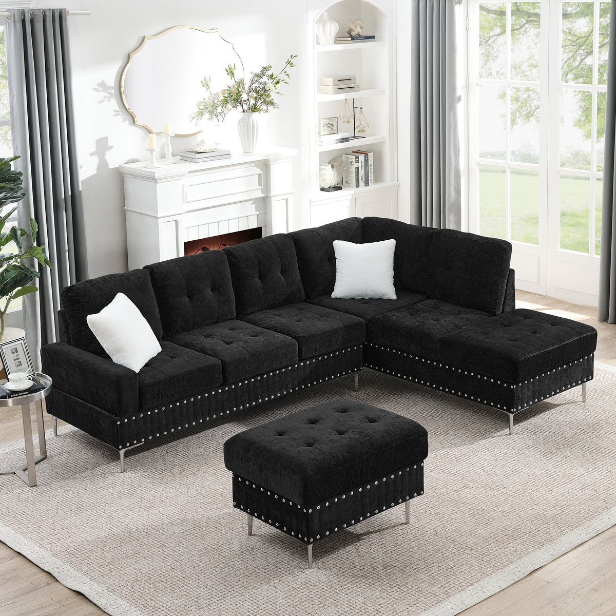 Sectional 3-Seaters Sofa with Chaise, Storage Ottoman, Metal Legs and Copper Nails,Two White Pillows ,Black(102" x 76" x35")