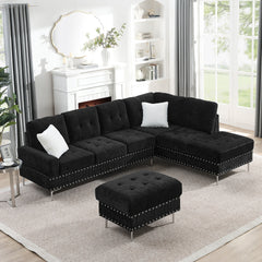 Sectional 3-Seaters Sofa with Chaise, Storage Ottoman, Metal Legs and Copper Nails,Two White Pillows ,Black(102" x 76" x35")