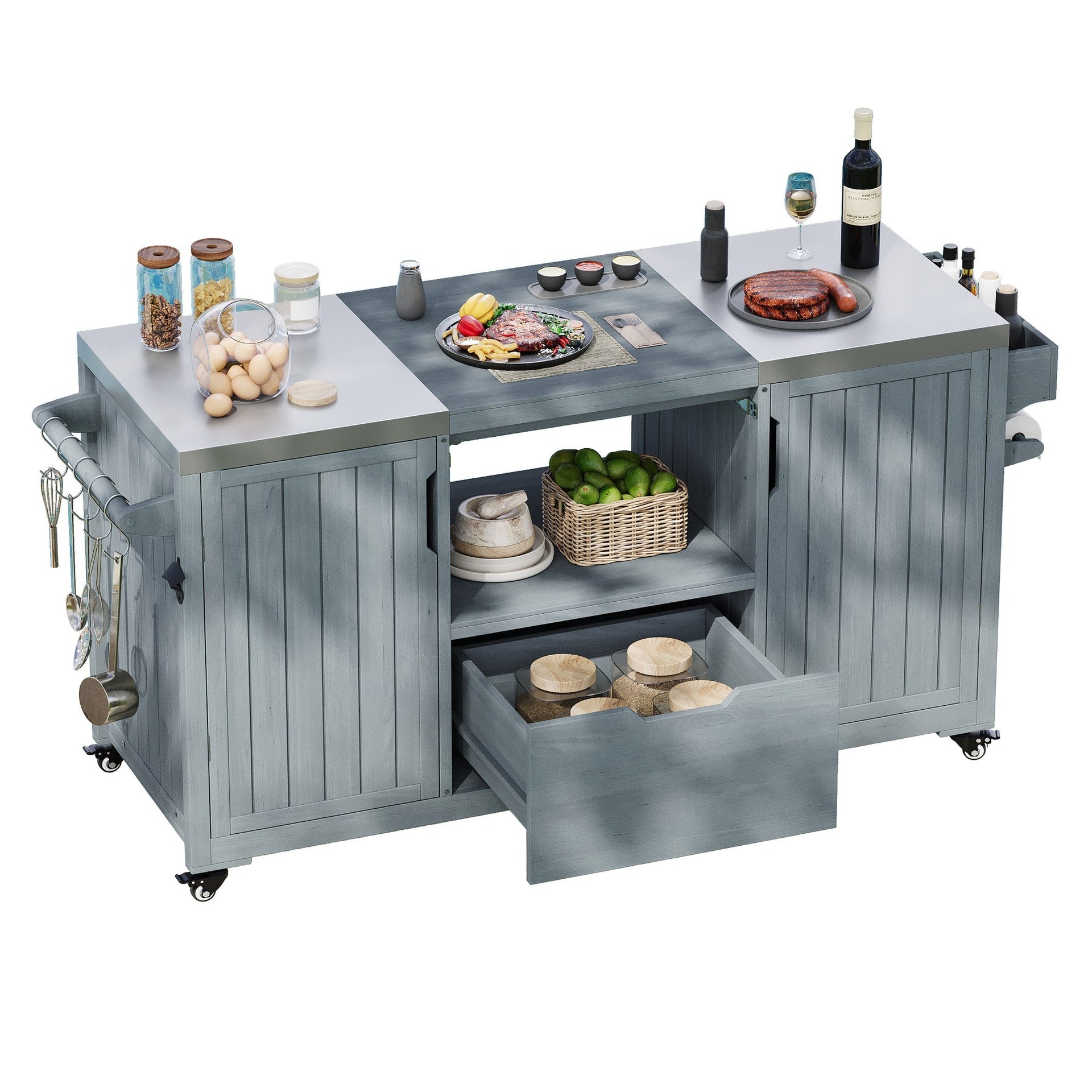 K&K 66.5" Outdoor Kitchen Island for Big Green Egg Grills, Solid Wood Outdoor Grill Cart for Tabletop Grill with Stainless Steel Top, Drawer, Compatible with Large Big Green Egg, Kamado Joe- Grey Blue