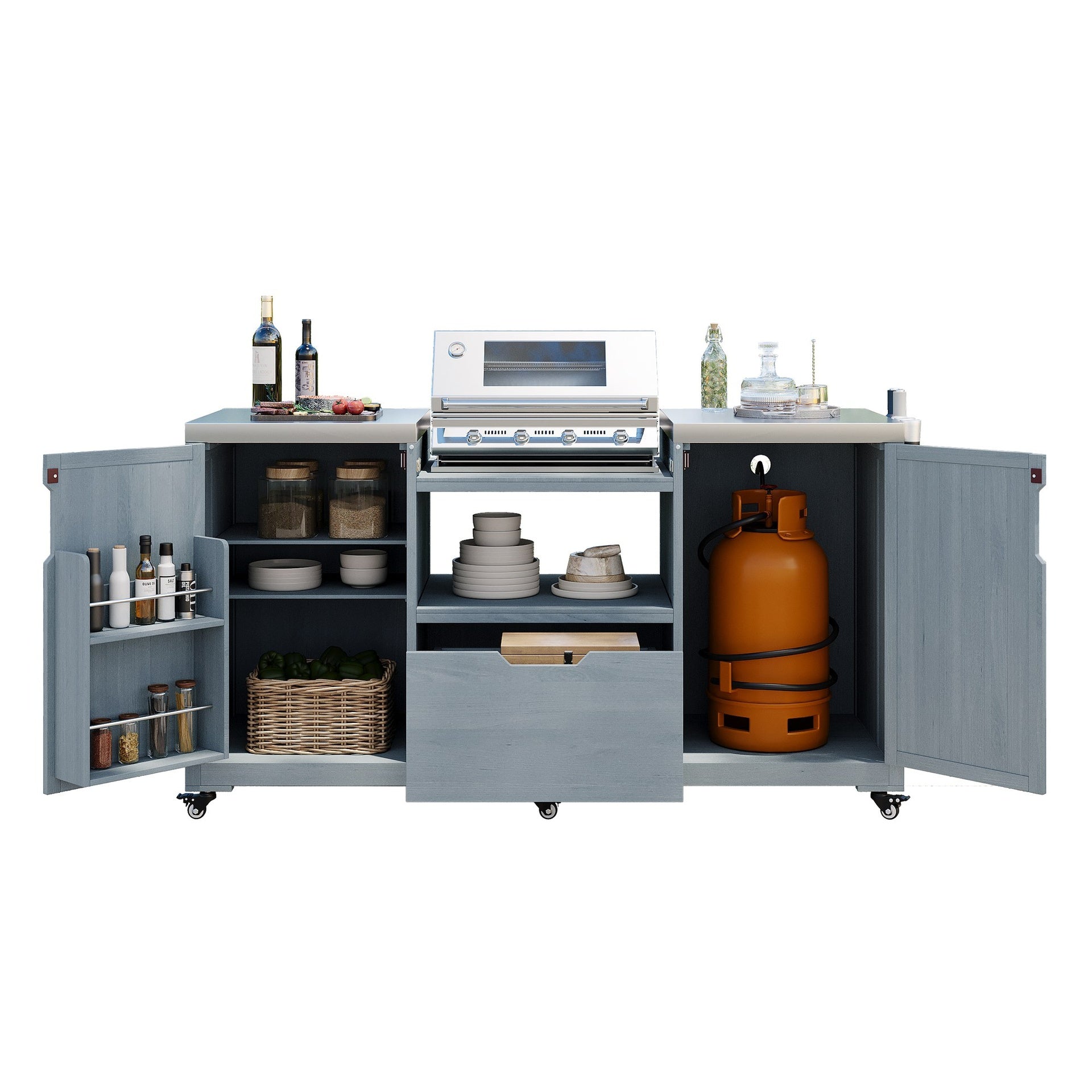 K&K 66.5" Outdoor Kitchen Island for Big Green Egg Grills, Solid Wood Outdoor Grill Cart for Tabletop Grill with Stainless Steel Top, Drawer, Compatible with Large Big Green Egg, Kamado Joe- Grey Blue