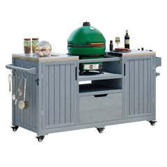 K&K 66.5" Outdoor Kitchen Island for Big Green Egg Grills, Solid Wood Outdoor Grill Cart for Tabletop Grill with Stainless Steel Top, Drawer, Compatible with Large Big Green Egg, Kamado Joe- Grey Blue