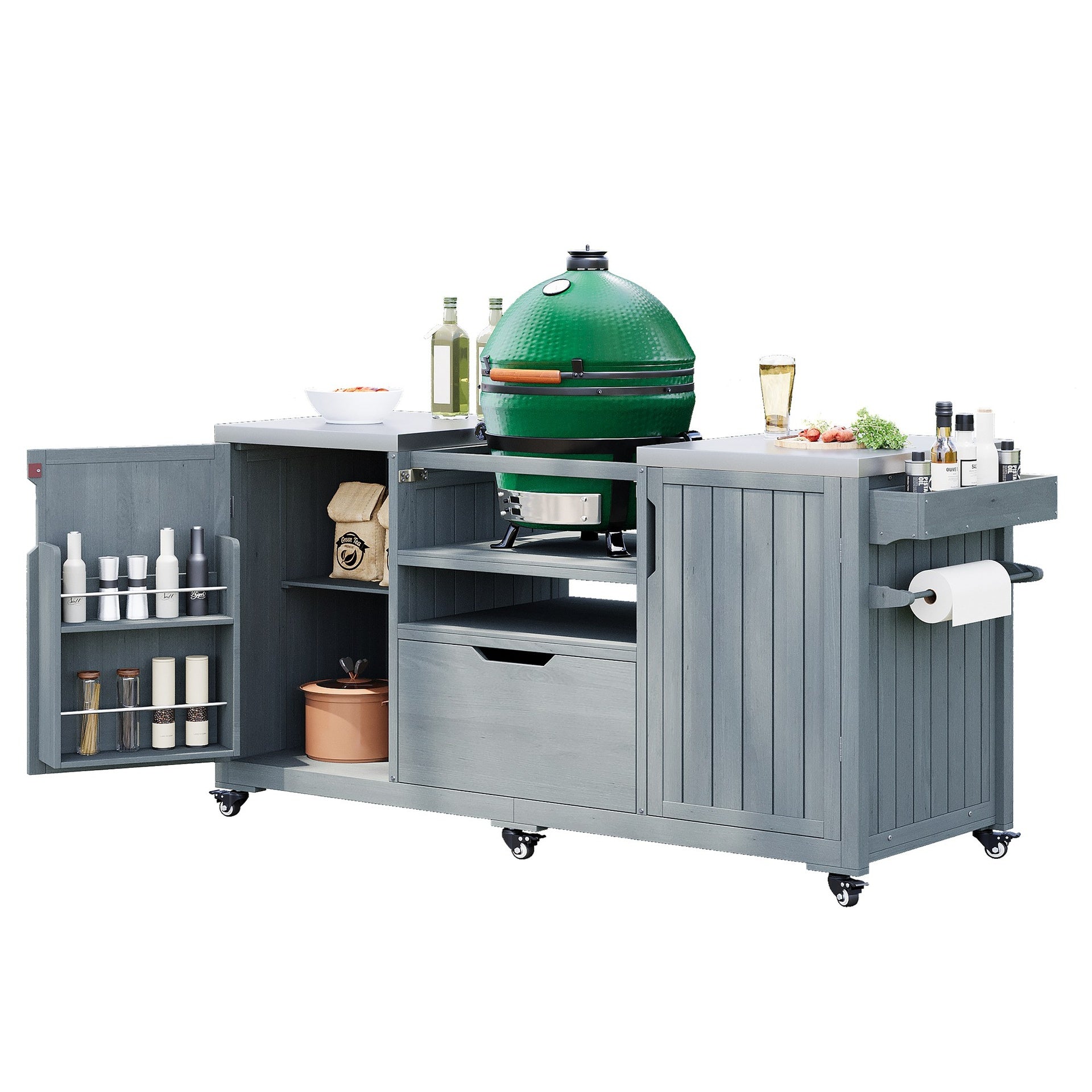 K&K 66.5" Outdoor Kitchen Island for Big Green Egg Grills, Solid Wood Outdoor Grill Cart for Tabletop Grill with Stainless Steel Top, Drawer, Compatible with Large Big Green Egg, Kamado Joe- Grey Blue