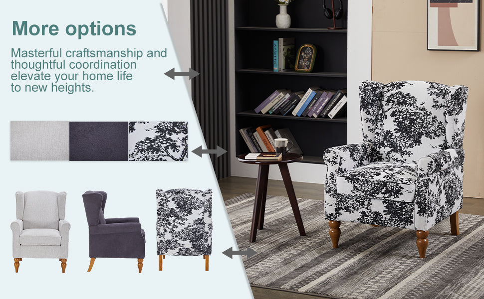 Coffee Table & Armchair Set,Vintage Luxury Style,  a high-back  reading chair (Antique Dark Grey) & a solid wood coffee table (Natural Wood) , suitable for living rooms and bedroom relaxation areas