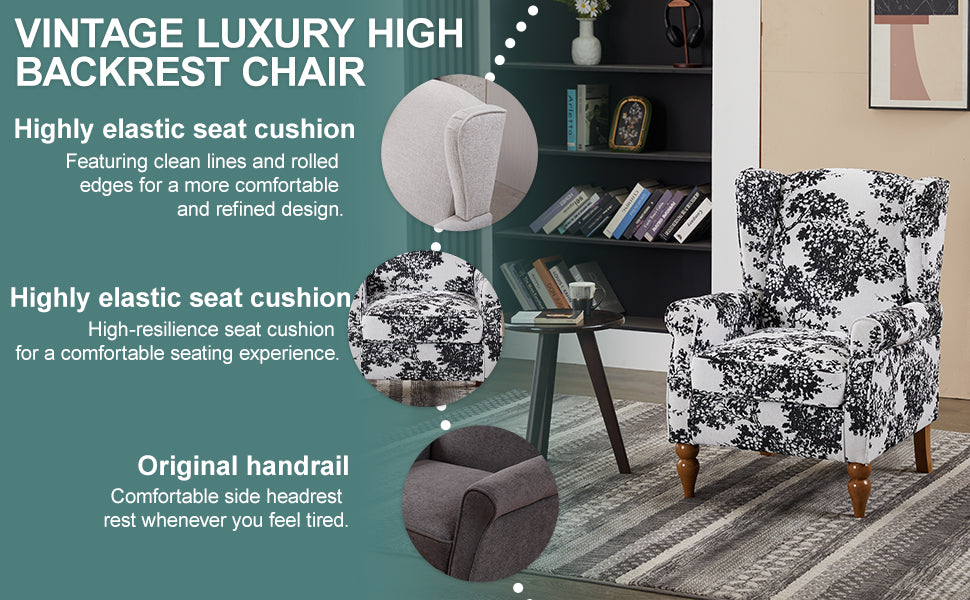 Coffee Table & Armchair Set,Vintage Luxury Style,  a high-back  reading chair (Antique Dark Grey) & a solid wood coffee table (Natural Wood) , suitable for living rooms and bedroom relaxation areas