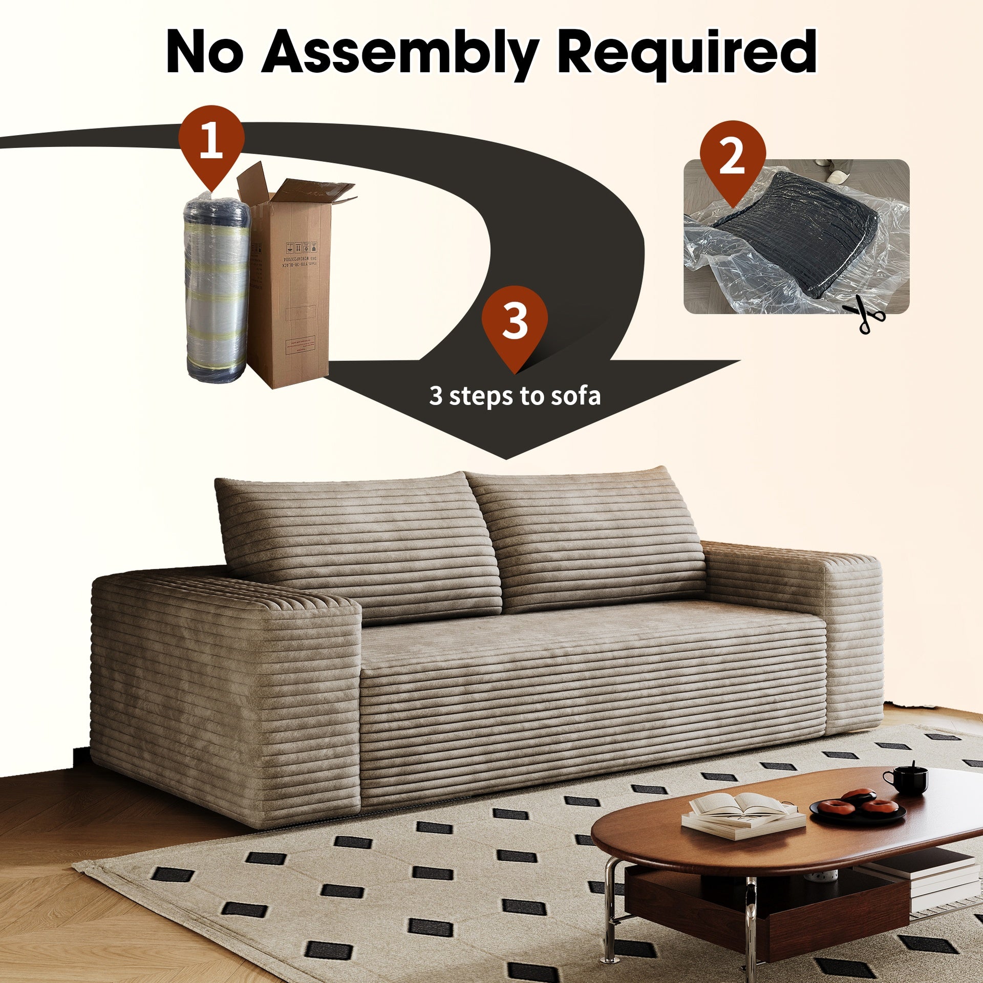 71" 3Setaser Sofa,Corduroy Fabric,Deep Seat Couches,Comfy Loveseat Sofa,No Assembly,1pcs for Living room, Bedroom,Conference room ,Apartment,Camel