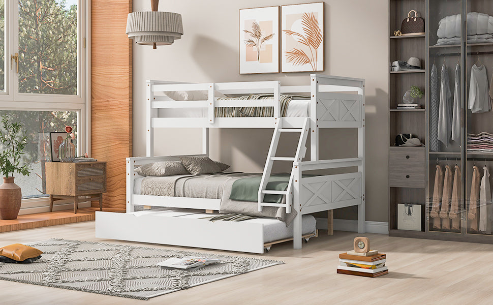Twin over Full Bunk Bed with Ladder, Twin Size Trundle, Safety Guardrail, White
