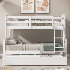 Twin over Full Bunk Bed with Ladder, Twin Size Trundle, Safety Guardrail, White