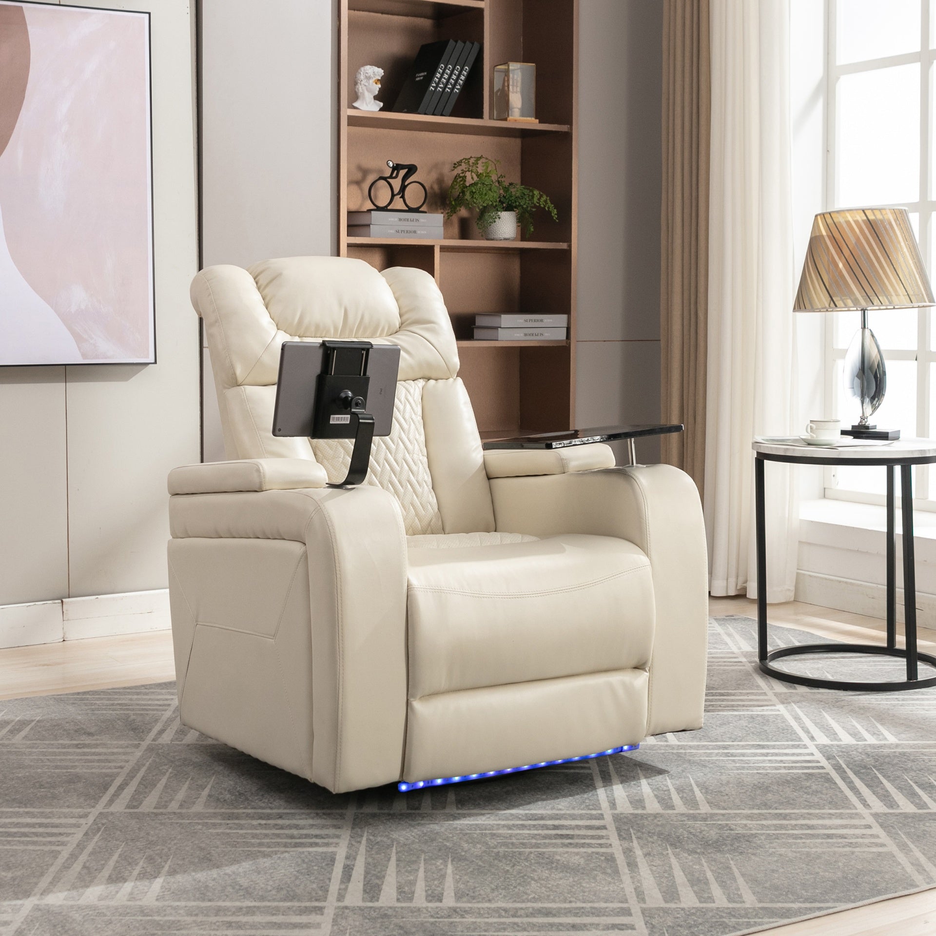270 Degree Swivel PU Leather Power Recliner Individual Seat Home Theater Recliner with Tray Table,  Phone Holder, Cup Holder,  USB Port, Hidden Arm Storage for Living Room, White