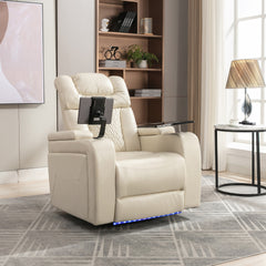 270 Degree Swivel PU Leather Power Recliner Individual Seat Home Theater Recliner with Tray Table,  Phone Holder, Cup Holder,  USB Port, Hidden Arm Storage for Living Room, White