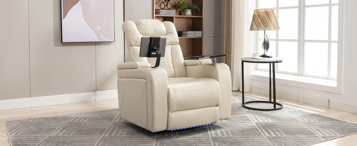270 Degree Swivel PU Leather Power Recliner Individual Seat Home Theater Recliner with Tray Table,  Phone Holder, Cup Holder,  USB Port, Hidden Arm Storage for Living Room, White