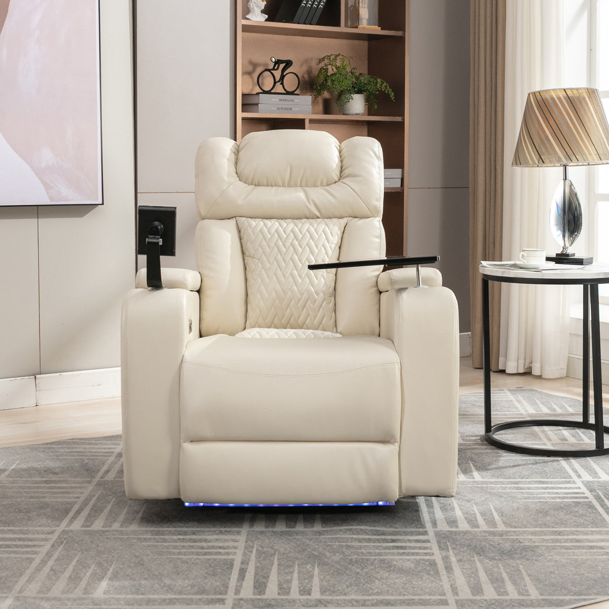 270 Degree Swivel PU Leather Power Recliner Individual Seat Home Theater Recliner with Tray Table,  Phone Holder, Cup Holder,  USB Port, Hidden Arm Storage for Living Room, White