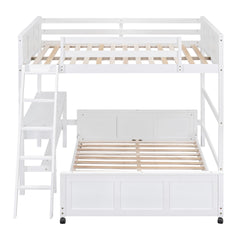 Full Over Full Bunk Bed with Desk, White