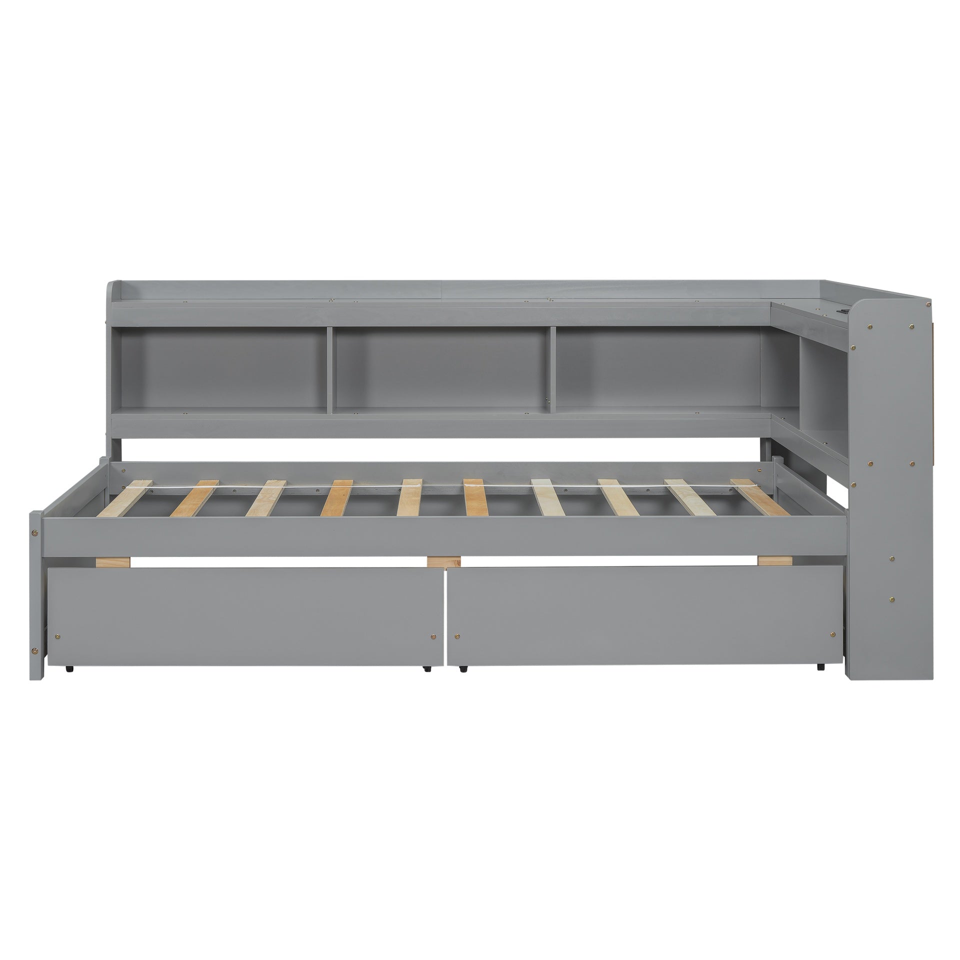 Twin Size L-shaped Bookcases Bed with Power Outlets, USB Charging Ports,Two Drawers,Grey