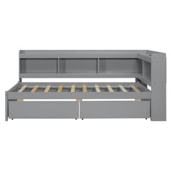 Twin Size L-shaped Bookcases Bed with Power Outlets, USB Charging Ports,Two Drawers,Grey