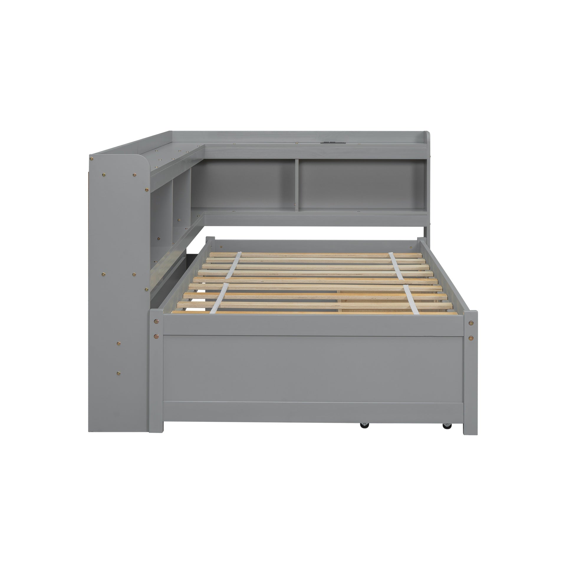 Twin Size L-shaped Bookcases Bed with Power Outlets, USB Charging Ports,Two Drawers,Grey