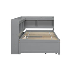 Twin Size L-shaped Bookcases Bed with Power Outlets, USB Charging Ports,Two Drawers,Grey