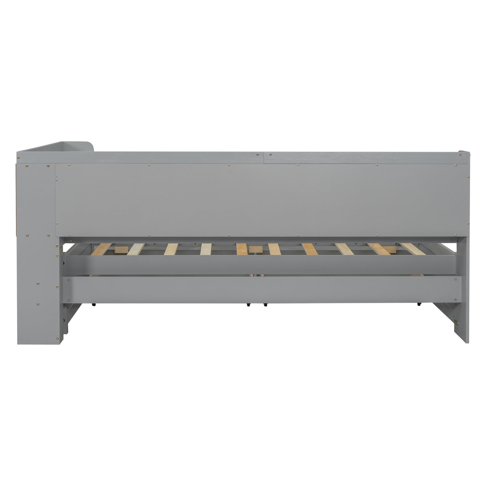 Twin Size L-shaped Bookcases Bed with Power Outlets, USB Charging Ports,Two Drawers,Grey