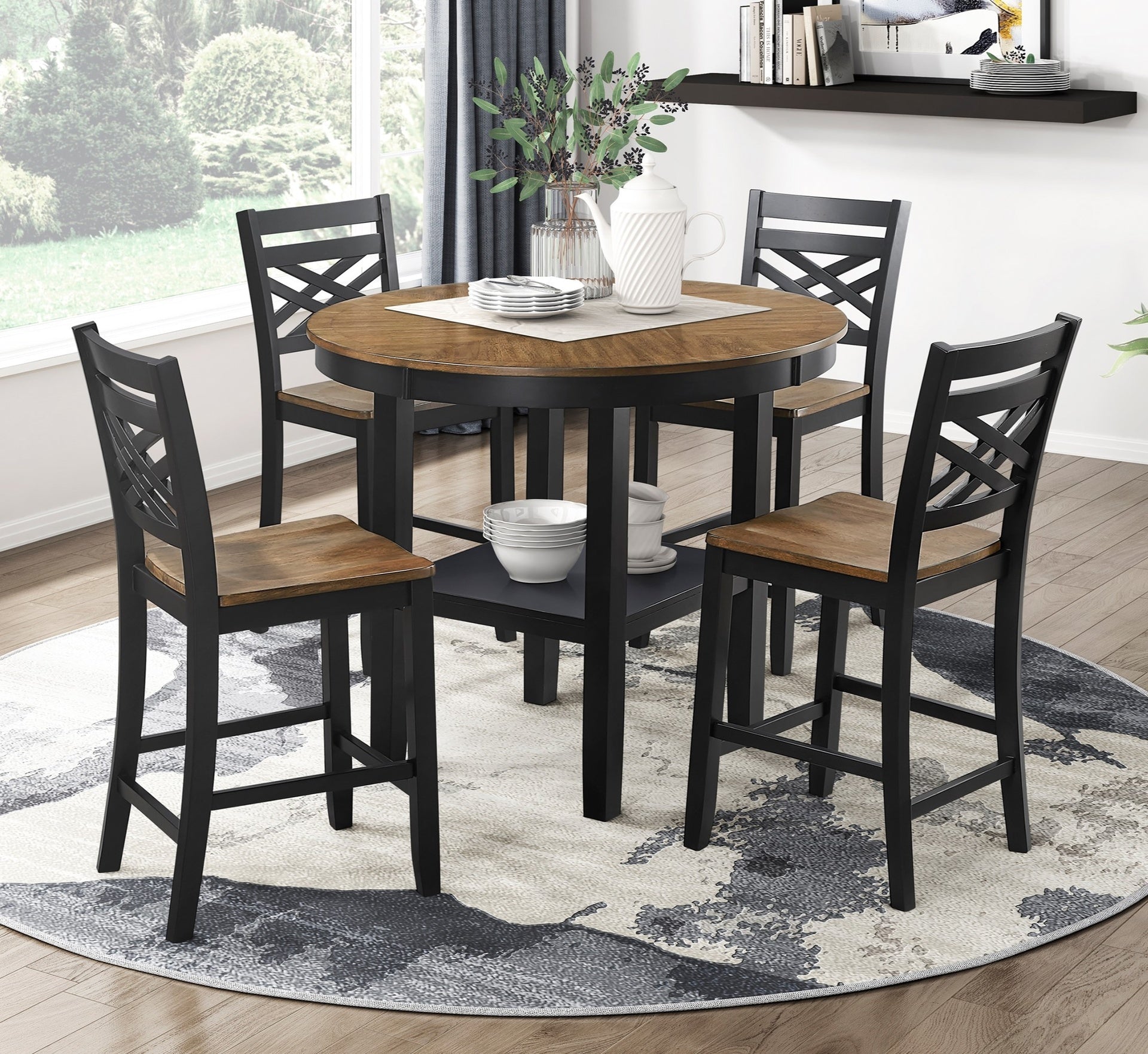 5pc Counter Height Dining Set Round Table with Storage and 4 Counter Height Chairs 2-Tone Black and Brown Finish Wooden Furniture