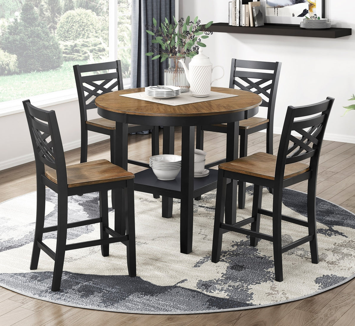 5pc Counter Height Dining Set Round Table with Storage and 4 Counter Height Chairs 2-Tone Black and Brown Finish Wooden Furniture