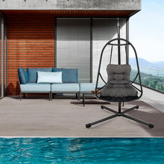 Swing Egg Chair with Stand Indoor Outdoor Wicker Rattan Patio Basket Hanging Chair with C Type bracket , with cushion and pillow,Patio Wicker folding Hanging Chair( Special construction cup holder